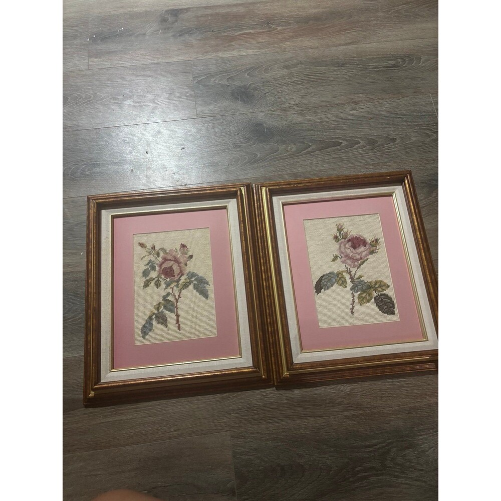 Vintage Framed Rose Needlepoint Art Set | Pink Floral Cross Stitch Embroidery, C